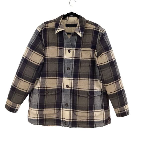 Jenni Kayne Shearling Farmhouse Jacket Wool Plaid Navy XL – Rare Sold Out - Picture 3 of 13